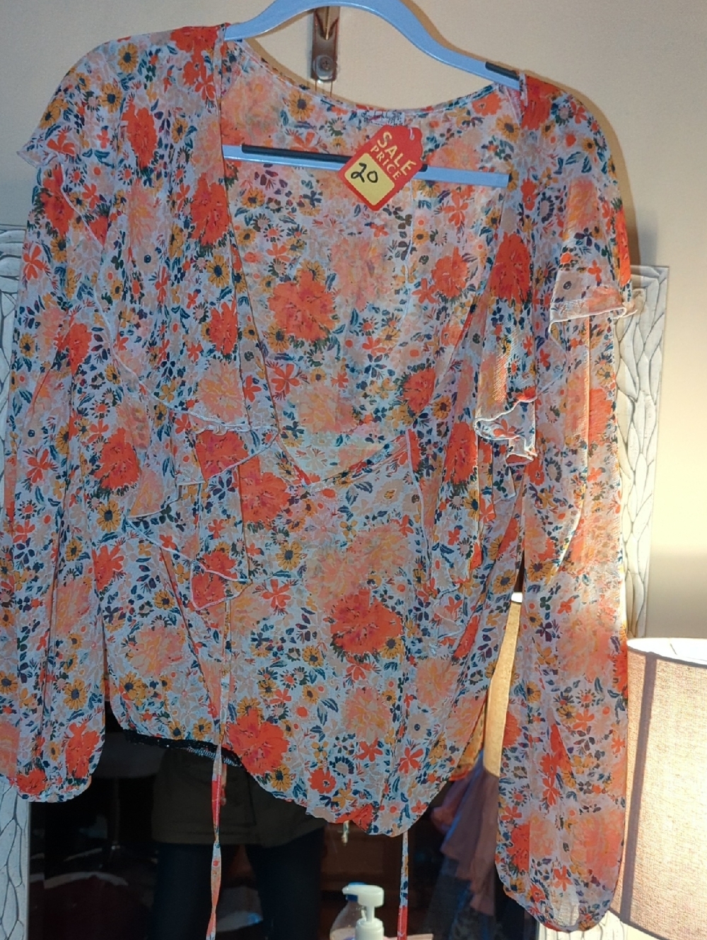 Free People Orange Floral Sheer Ruffle Blouse